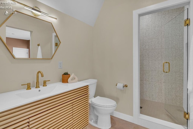 1861 N Opfer Lentz Rd, Martin, OH 43445 - full bath with toilet, a shower stall, vanity, lofted ceiling, and baseboards