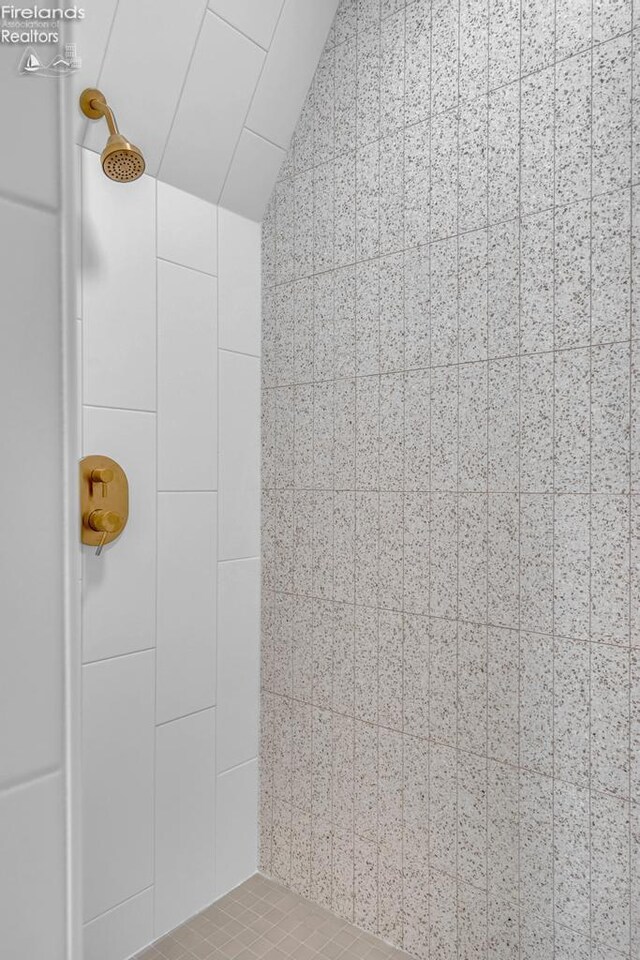 1861 N Opfer Lentz Rd, Martin, OH 43445 - bathroom featuring tiled shower and lofted ceiling