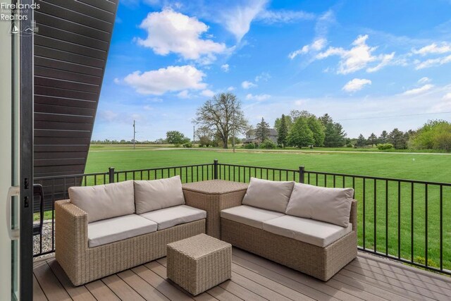 1861 N Opfer Lentz Rd, Martin, OH 43445 - wooden deck featuring an outdoor hangout area, a yard, and a view of countryside