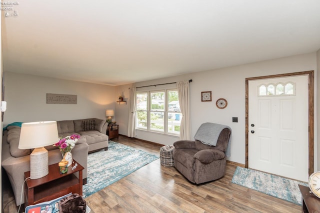 living room featuring wood finished floors and baseboards
