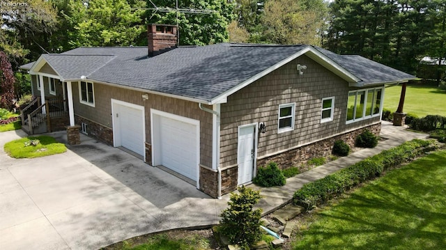 view of side of home with a shingled roof, a chimney, stone siding, and view of scattered trees