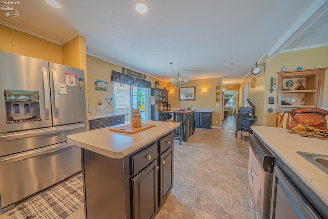 8896 White Crane Way, Oak Harbor, OH 43449 - kitchen with stainless steel fridge with ice dispenser, a chandelier, light countertops, a center island, and crown molding