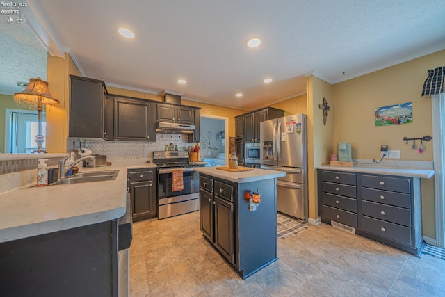 8896 White Crane Way, Oak Harbor, OH 43449 - kitchen featuring appliances with stainless steel finishes, a sink, decorative backsplash, light countertops, and crown molding
