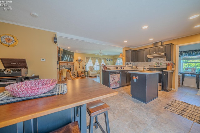 8896 White Crane Way, Oak Harbor, OH 43449 - kitchen with stainless steel electric range, under cabinet range hood, a kitchen island, tasteful backsplash, and open floor plan