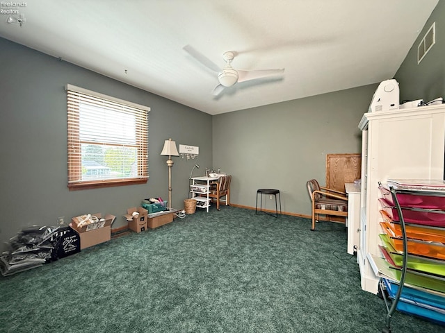 38 N Tecumseh Trl, Tiffin, OH 44883 - recreation room featuring a ceiling fan and dark colored carpet