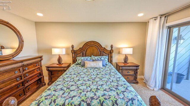 3088 N Marina View Dr Unit 12, Port Clinton, OH 43452 - bedroom featuring light carpet, access to outside, baseboards, and recessed lighting