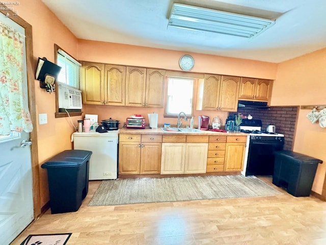 1168 Platt St, Martin, OH 43445 - kitchen featuring a sink, gas range oven, under cabinet range hood, and light brown cabinets