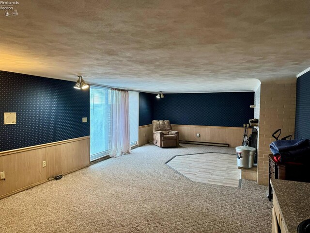 104 N Wood St, Fremont, OH 43420 - unfurnished room with wainscoting, carpet, a baseboard heating unit, a textured ceiling, and wooden walls
