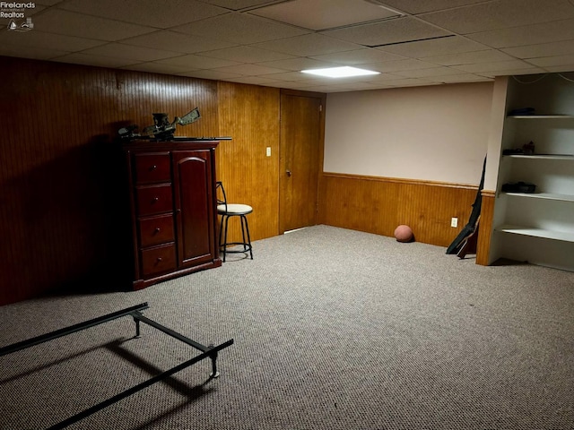 104 N Wood St, Fremont, OH 43420 - bedroom featuring carpet floors, wooden walls, wainscoting, and a drop ceiling