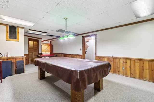 2203 Eagles Nest Cir, Sandusky, OH 44870 - playroom featuring wainscoting, wood walls, carpet flooring, billiards, and a paneled ceiling