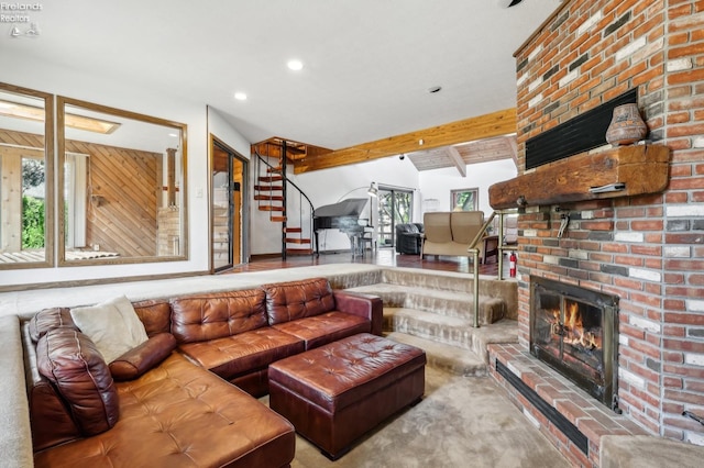 2203 Eagles Nest Cir, Sandusky, OH 44870 - living room featuring a brick fireplace, stairs, beamed ceiling, and recessed lighting