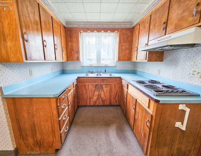 124 Walter St, Bellevue, OH 44811 - kitchen with stainless steel electric cooktop, under cabinet range hood, a sink, brown cabinetry, and wallpapered walls