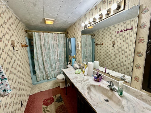 203 Washington St, Bettsville, OH 44815 - bathroom with wallpapered walls, a stall shower, vanity, and toilet