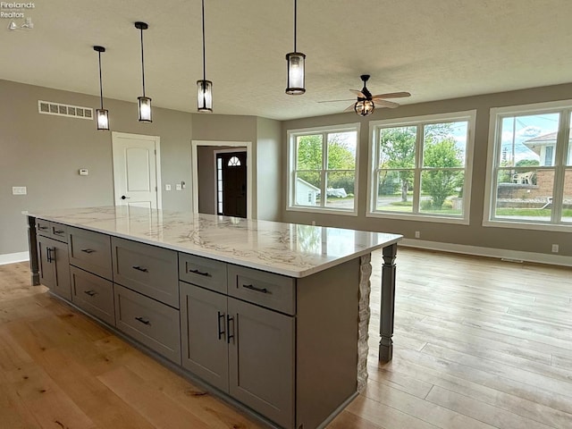 10556 E Bayshore Rd Unit 4C, Marblehead, OH 43440 - kitchen featuring gray cabinetry, ceiling fan, plenty of natural light, and light wood-style flooring