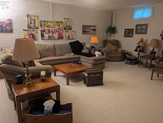 508 Snowy Egret Dr, Huron, OH 44839 - carpeted living area featuring brick wall
