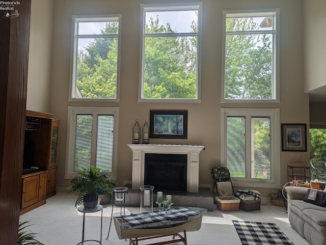 508 Snowy Egret Dr, Huron, OH 44839 - living room featuring a high ceiling, plenty of natural light, a tiled fireplace, and carpet flooring
