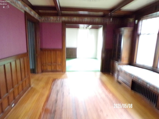 408 W Main St, Bellevue, OH 44811 - unfurnished room with coffered ceiling, beamed ceiling, light wood-style flooring, and radiator