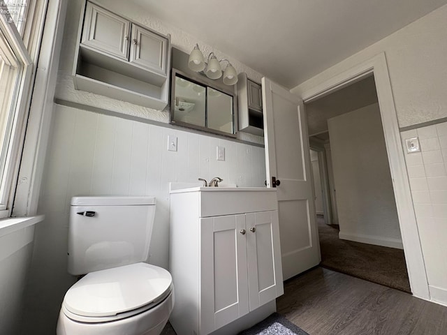 427 N Clover St, Fremont, OH 43420 - bathroom with wood finished floors, vanity, toilet, and a wainscoted wall