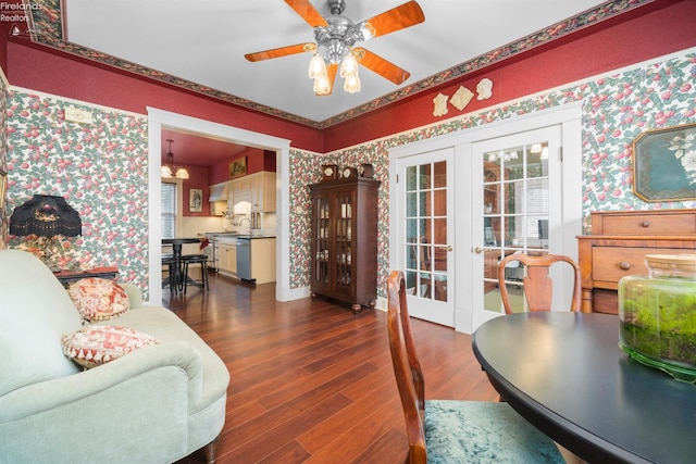 133 E Forest St, Clyde, OH 43410 - living room featuring wallpapered walls, french doors, dark wood-style floors, and ceiling fan
