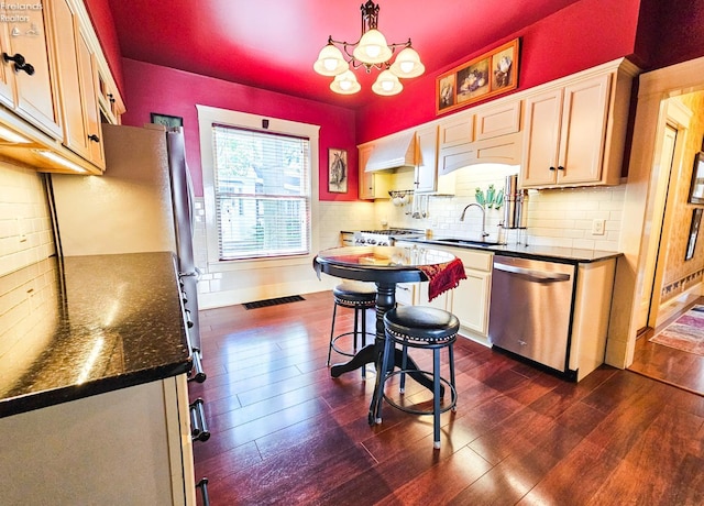 133 E Forest St, Clyde, OH 43410 - kitchen with dishwasher, a sink, dark wood finished floors, tasteful backsplash, and custom exhaust hood