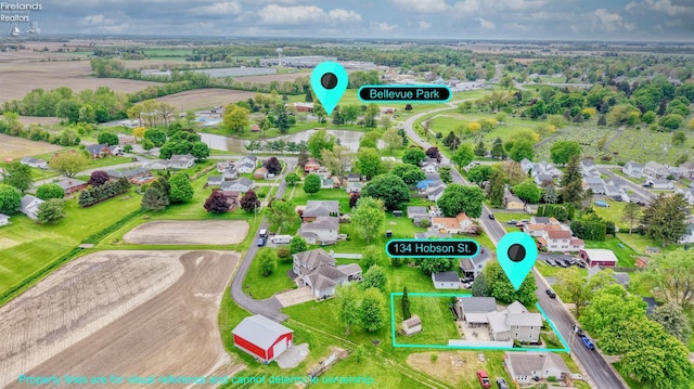 134 Hobson St, Bellevue, OH 44811 - aerial perspective of suburban area featuring property parcel outlined