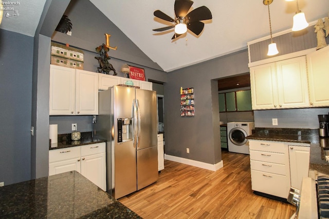 134 Hobson St, Bellevue, OH 44811 - kitchen with stainless steel fridge with ice dispenser, washer / clothes dryer, light wood finished floors, lofted ceiling, and a ceiling fan