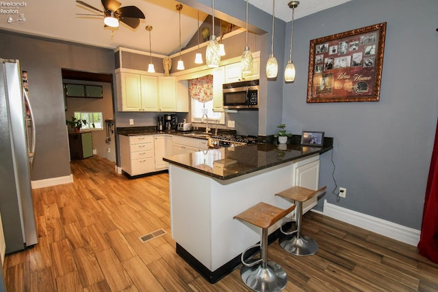 134 Hobson St, Bellevue, OH 44811 - kitchen featuring appliances with stainless steel finishes, a sink, a peninsula, ceiling fan, and lofted ceiling
