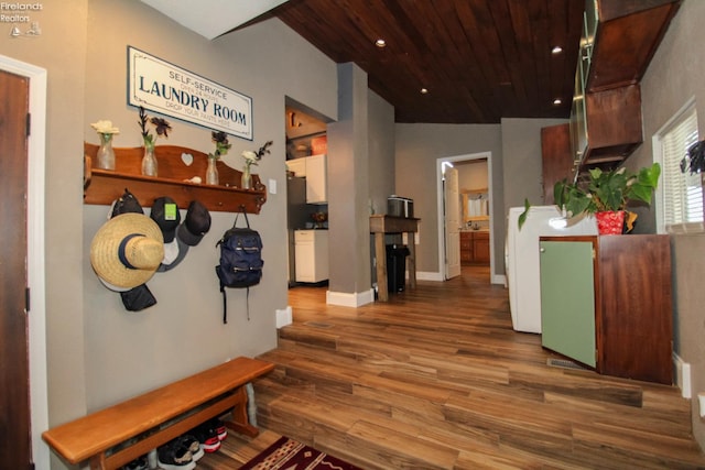 134 Hobson St, Bellevue, OH 44811 - hall featuring wood finished floors, wood ceiling, recessed lighting, and baseboards