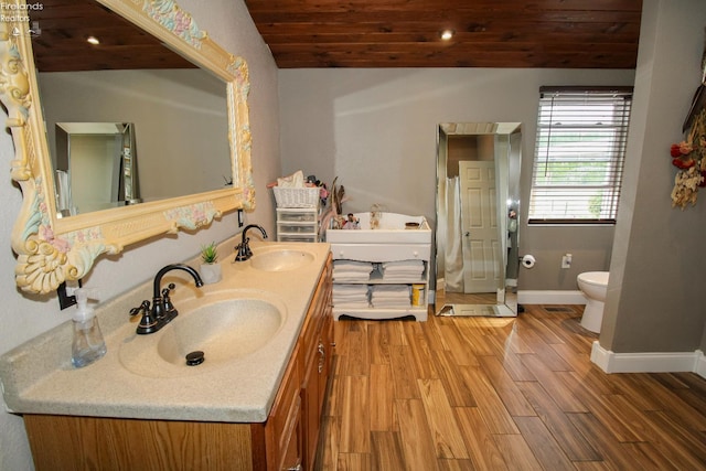 134 Hobson St, Bellevue, OH 44811 - bathroom featuring double vanity, toilet, wood finished floors, vaulted ceiling, and baseboards