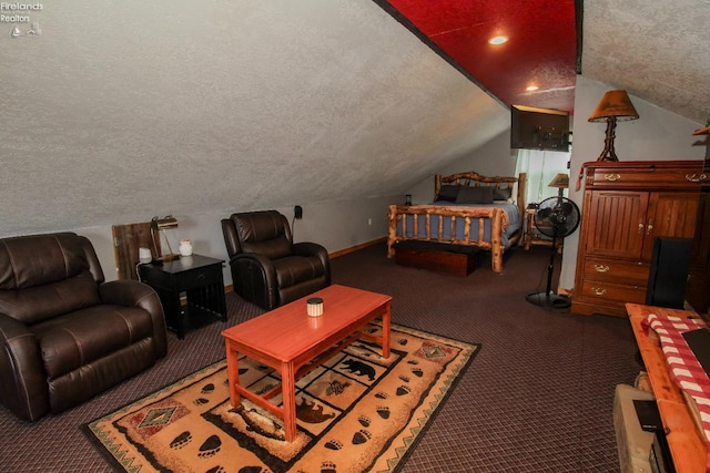 134 Hobson St, Bellevue, OH 44811 - carpeted bedroom with a textured ceiling, vaulted ceiling, and baseboards