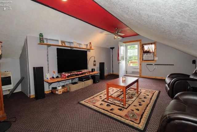 134 Hobson St, Bellevue, OH 44811 - living area featuring carpet, heating unit, vaulted ceiling, baseboards, and a textured ceiling