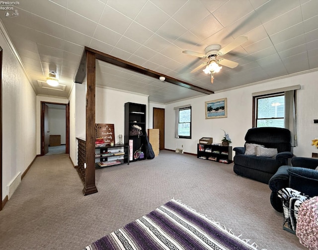 31 Mohawk St, Tiffin, OH 44883 - living room with carpet floors, a ceiling fan, crown molding, and baseboards