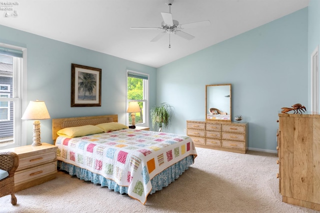 6485 E Harbor Rd Unit 38, Marblehead, OH 43440 - bedroom featuring carpet flooring, vaulted ceiling, ceiling fan, and baseboards