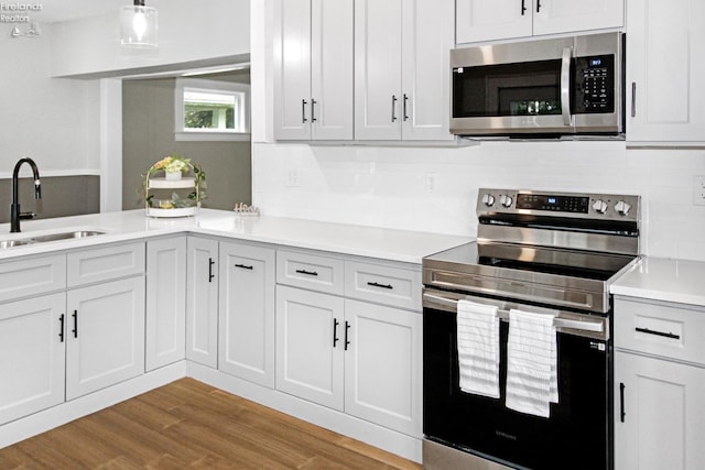 713 Madison St, Port Clinton, OH 43452 - kitchen with stainless steel appliances, a sink, light countertops, wood finished floors, and decorative backsplash