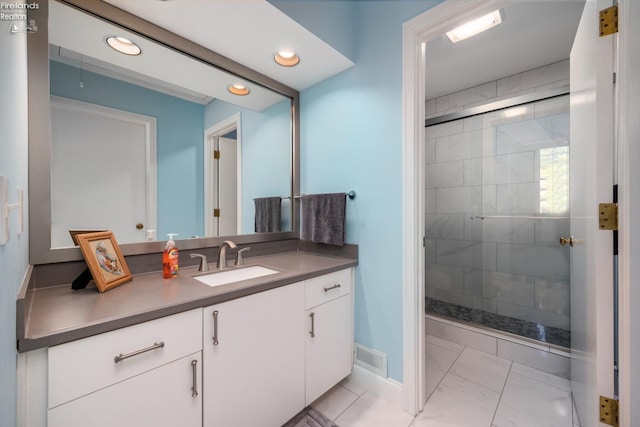 4370 Marin Woods Dr Unit D, Port Clinton, OH 43452 - full bath featuring baseboards, vanity, marble finish flooring, a shower stall, and recessed lighting