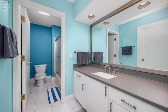 4370 Marin Woods Dr Unit D, Port Clinton, OH 43452 - full bathroom with toilet, vanity, marble look tiles, baseboards, and bath / shower combo with glass door