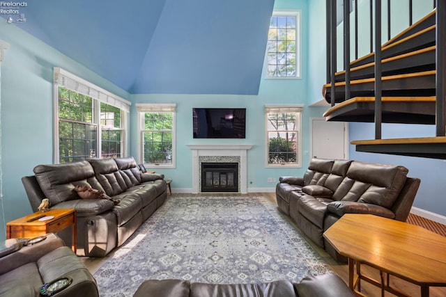 4370 Marin Woods Dr Unit D, Port Clinton, OH 43452 - living area featuring baseboards, a glass covered fireplace, high vaulted ceiling, and wood finished floors