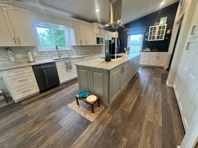 505 E Stoneplace Dr, Sandusky, OH 44870 - kitchen featuring black appliances, island exhaust hood, a sink, dark wood-type flooring, and white cabinets