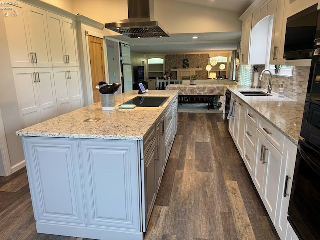 505 E Stoneplace Dr, Sandusky, OH 44870 - kitchen with ventilation hood, a sink, dark wood-style floors, white cabinetry, and lofted ceiling