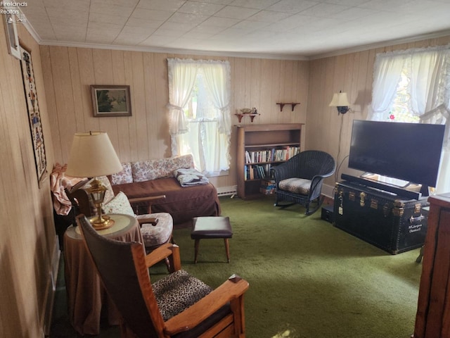635 Walnut Ave, Lakeside, OH 43440 - carpeted living area featuring ornamental molding, wooden walls, and baseboard heating