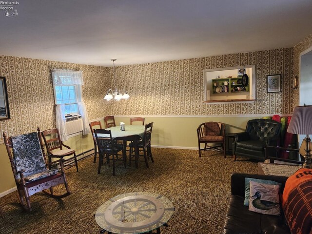635 Walnut Ave, Lakeside, OH 43440 - dining area with wallpapered walls, a chandelier, cooling unit, baseboards, and carpet