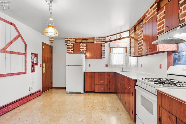 1450 Claus Rd, Vermilion, OH 44089 - kitchen featuring white appliances, under cabinet range hood, a baseboard heating unit, and light countertops