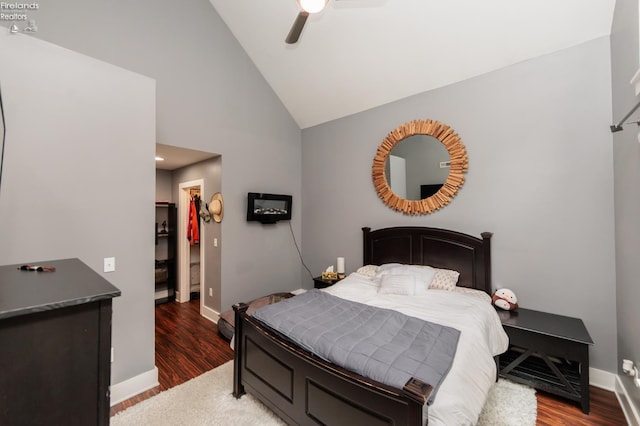 1402 Newman Ave, Lakewood, OH 44107 - bedroom featuring a spacious closet, wood finished floors, a ceiling fan, a closet, and high vaulted ceiling