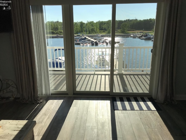 2620 S Waterside Ct Unit 622, Marblehead, OH 43440 - doorway to outside with a water view, wood finished floors, and plenty of natural light