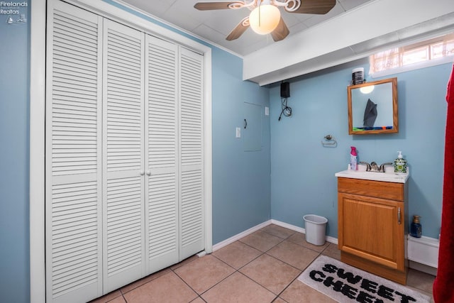 46320 Middle Ridge Rd, Amherst, OH 44001 - bathroom with a closet, vanity, a ceiling fan, and tile patterned floors
