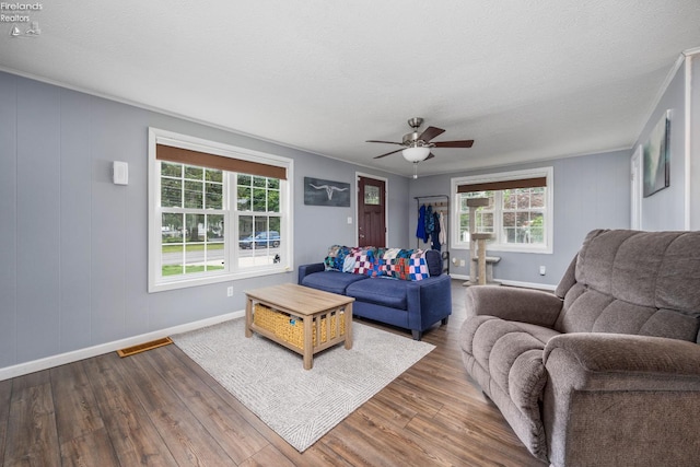 46320 Middle Ridge Rd, Amherst, OH 44001 - living room featuring plenty of natural light, wood finished floors, a ceiling fan, and a textured ceiling
