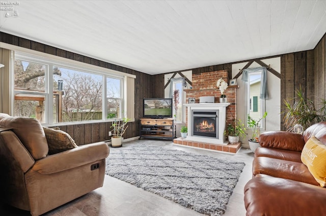 5191 N State Route 53, Tiffin, OH 44883 - living room featuring wood walls, a glass covered fireplace, and wooden ceiling