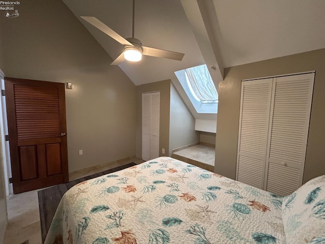 400 Swartz Ln Unit Y306, Middle Bass Island, OH 43446 - bedroom featuring lofted ceiling, a skylight, ceiling fan, and multiple closets