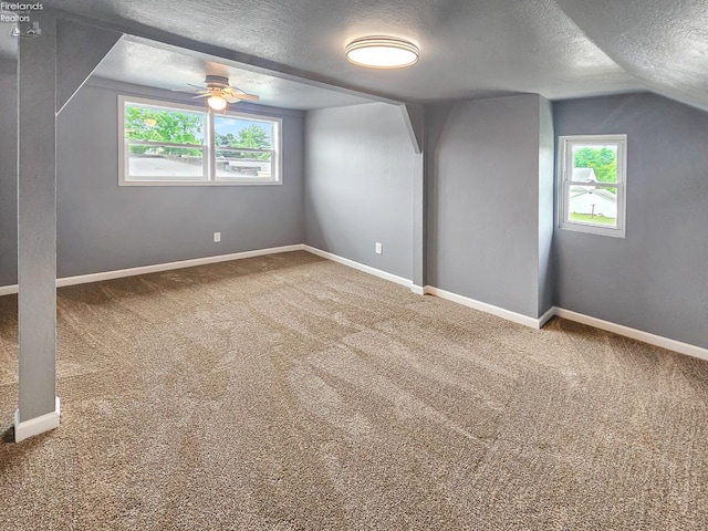 217 Ott St, Clyde, OH 43410 - additional living space featuring a textured ceiling, carpet flooring, vaulted ceiling, and a ceiling fan