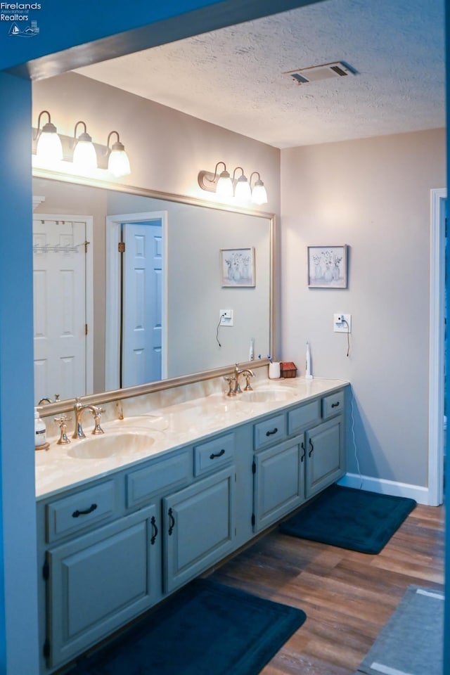 423 Leisure Dr, Huron, OH 44839 - full bathroom featuring double vanity, wood finished floors, and a textured ceiling